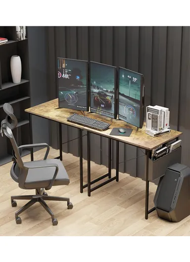 Contemporary Home &amp; Office Desk, Multi-Functional Work &amp; Study Computer Desk with Extra Storage Bag &amp; Headphone Hook (W100 x D48 x H74)cm - Tiger Wood