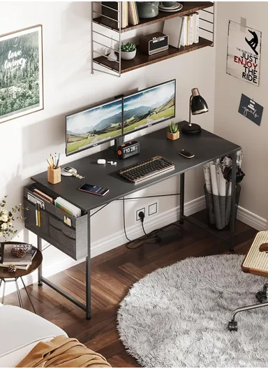 Contemporary Home &amp; Office Desk, Multi-Functional Work &amp; Study Computer Desk with Extra Storage Bag &amp; Headphone Hook (W100 x D48 x H74)cm - Tiger Wood