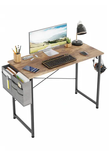 Contemporary Home &amp; Office Desk, Multi-Functional Work &amp; Study Computer Desk with Extra Storage Bag &amp; Headphone Hook (W100 x D48 x H74)cm - Tiger Wood