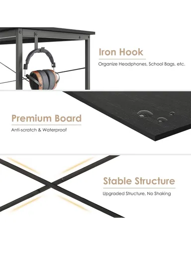 Contemporary Home &amp; Office Desk, Multi-Functional Work &amp; Study Computer Desk with Extra Storage Bag &amp; Headphone Hook (W160 x D48 x H74)cm - Tiger Wood