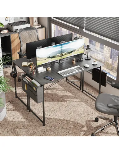 Contemporary Home &amp; Office Desk, Multi-Functional Work &amp; Study Computer Desk with Extra Storage Bag &amp; Headphone Hook (W160 x D48 x H74)cm - Tiger Wood