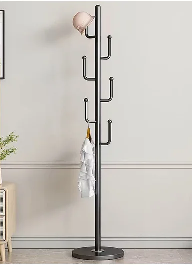 Metal Coat Hanger with Round Slate Base &amp; 6 Independent Hanger Hooks Easy To Assemble, Practical &amp; Stable YF-27 (D32 x H170)cm - Black