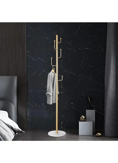 Metal Coat Hanger with Round Slate Base &amp; 6 Independent Hanger Hooks Easy To Assemble, Practical &amp; Stable YF-27 (D32 x H170)cm - Black