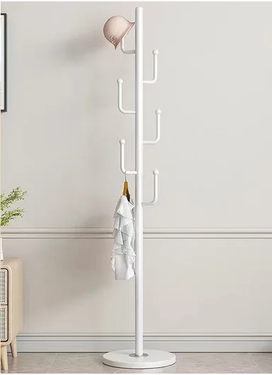 Metal Coat Hanger with Round Slate Base &amp; 6 Independent Hanger Hooks Easy To Assemble, Practical &amp; Stable YF-27 (D32 x H170)cm - White