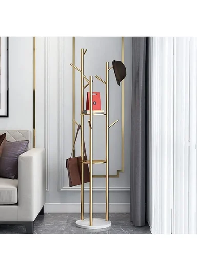 Metal Coat Hanger With Round Stable Marble Base &amp; 9 Independent Hanger Hooks Easy To Assemble, Practical &amp; Stable (D32 x H170)cm - Black