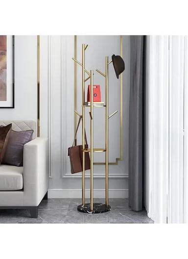 Metal Coat Hanger With Round Stable Marble Base &amp; 9 Independent Hanger Hooks Easy To Assemble, Practical &amp; Stable (D32 x H170)cm - Gold