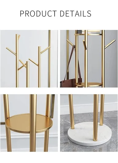 Metal Coat Hanger With Round Stable Marble Base &amp; 9 Independent Hanger Hooks Easy To Assemble, Practical &amp; Stable (D32 x H170)cm - Gold