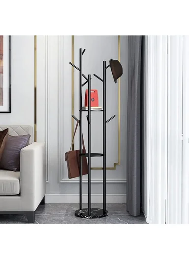 Metal Coat Hanger With Round Stable Marble Base &amp; 9 Independent Hanger Hooks Easy To Assemble, Practical &amp; Stable (D32 x H170)cm - Gold