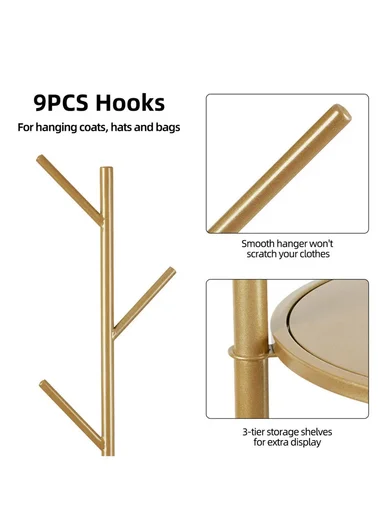 Metal Coat Hanger With Round Stable Marble Base &amp; 9 Independent Hanger Hooks Easy To Assemble, Practical &amp; Stable (D32 x H170)cm - Gold
