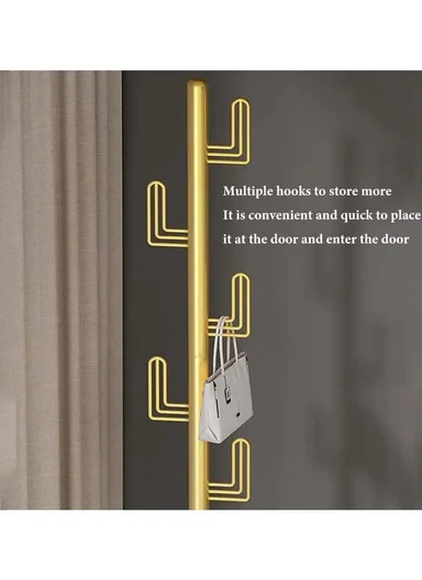 Cactus Design Sturdy Metal Coat Hanger with Round Marble Base &amp; 6 Independent Hooks (D32 x H170)cm - Gold