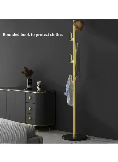 Cactus Design Sturdy Metal Coat Hanger with Round Marble Base &amp; 6 Independent Hooks (D32 x H170)cm - Gold