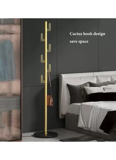 Cactus Design Sturdy Metal Coat Hanger with Round Marble Base &amp; 6 Independent Hooks (D32 x H170)cm - Gold