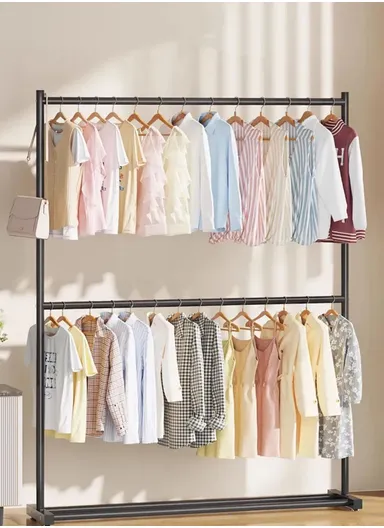 Double Level Metal Clothes Rack Organizer with Bottom Shelf Large Load Capacity (W150 x D40 x H180)cm - White