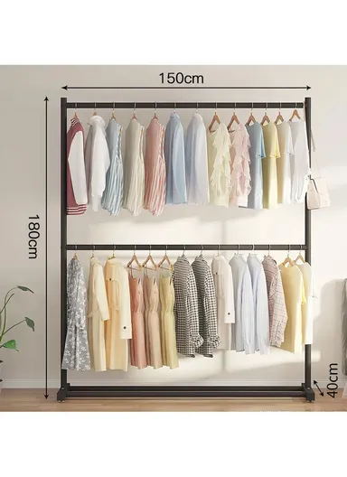 Double Level Metal Clothes Rack Organizer with Bottom Shelf Large Load Capacity (W150 x D40 x H180)cm - White