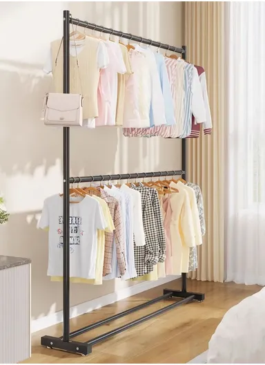 Double Level Metal Clothes Rack Organizer with Bottom Shelf Large Load Capacity (W150 x D40 x H180)cm - White