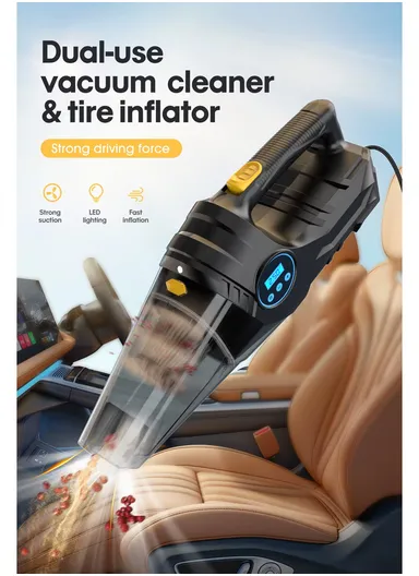 DUAL-USE CORDED VACUUM CLEANER AND TIRE INFLATOR: 12V Car High-Power Vacuum Cleaner with Digital Car Air Compressor, Portable Auto Cleaner with Washable Filter C1859-1