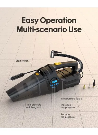 DUAL-USE CORDED VACUUM CLEANER AND TIRE INFLATOR: 12V Car High-Power Vacuum Cleaner with Digital Car Air Compressor, Portable Auto Cleaner with Washable Filter C1859-1