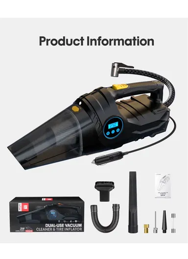 DUAL-USE CORDED VACUUM CLEANER AND TIRE INFLATOR: 12V Car High-Power Vacuum Cleaner with Digital Car Air Compressor, Portable Auto Cleaner with Washable Filter C1859-1