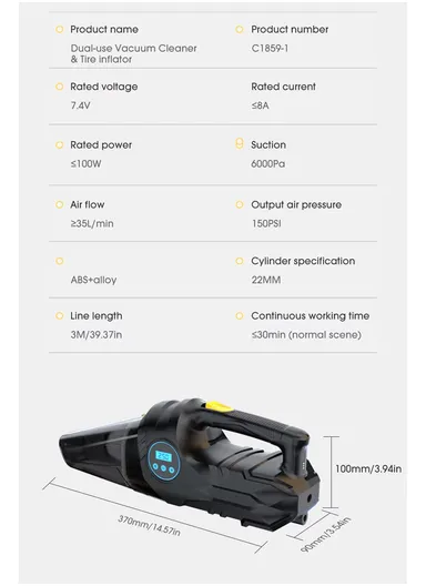 DUAL-USE CORDED VACUUM CLEANER AND TIRE INFLATOR: 12V Car High-Power Vacuum Cleaner with Digital Car Air Compressor, Portable Auto Cleaner with Washable Filter C1859-1