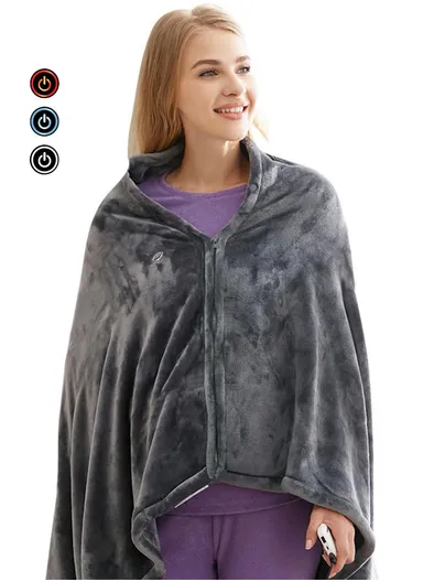 USB POWERED Heated Shawl Blanket WITH Zipper Coral Flannel 8-Heating Zones 3-Temperature Modes LT-8096 (90x 145)cm