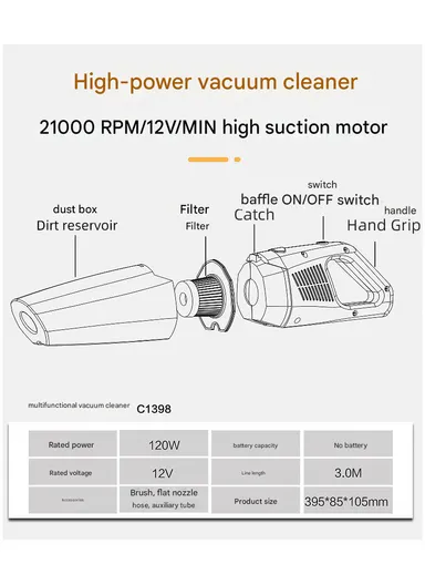 7000Pa 12V High-Power Car Vacuum Cleaner Multi-Functional Nozzle Set – C1398-1