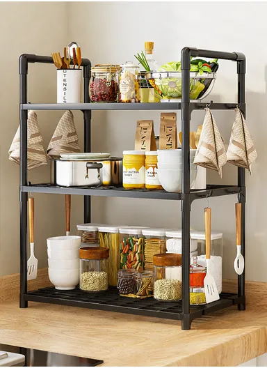 3-Layer Spice Rack Multifunctional Kitchen Storage Organizer (W50.5 x D27 x H73)cm - Black