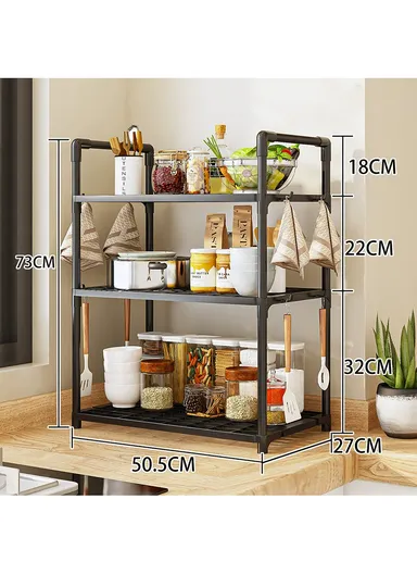 3-Layer Spice Rack Multifunctional Kitchen Storage Organizer (W50.5 x D27 x H73)cm - Black