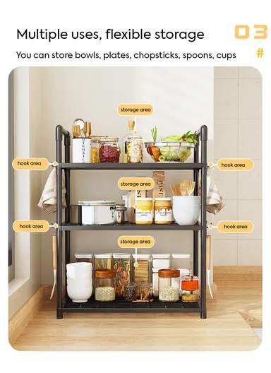 3-Layer Spice Rack Multifunctional Kitchen Storage Organizer (W50.5 x D27 x H73)cm - Black