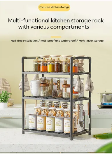 3-Layer Spice Rack Multifunctional Kitchen Storage Organizer (W50.5 x D27 x H73)cm - Black