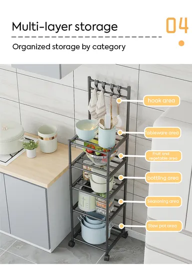 5-Tiers Freestanding Storage Rack with Multi Shelves, Slim Space-Saving Organizer  (W42 x D34 x H152)cm - Black
