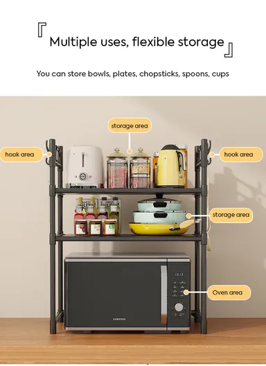 2-Tiers Versatile Multi-story Microwave and kitchen Storage Rack  (W59.5 x D33 x H72)cm - Black