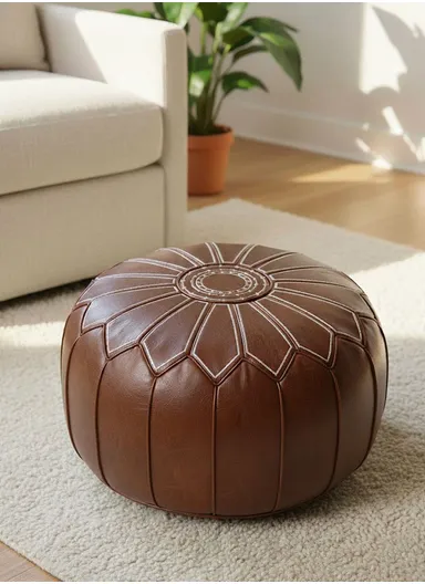 Round PU Leather Floor Cushion with Embroidered Top &amp; EPP Filling (D53 × H30)cm - Brown