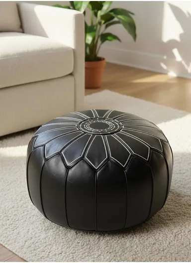 Round PU Leather Floor Cushion with Embroidered Top &amp; EPP Filling (D53 × H30)cm - Black