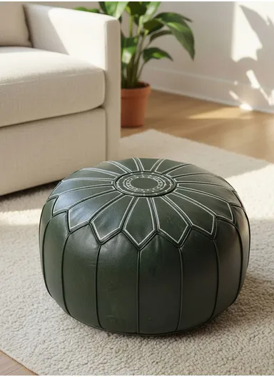 Round PU Leather Floor Cushion with Embroidered Top &amp; EPP Filling (D53 × H30)cm - Dark Green