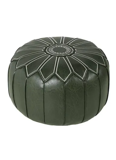 Round PU Leather Floor Cushion with Embroidered Top &amp; EPP Filling (D53 × H30)cm - Dark Green