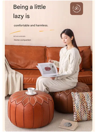 Round PU Leather Floor Cushion with Embroidered Top &amp; EPP Filling (D53 × H30)cm - Dark Green