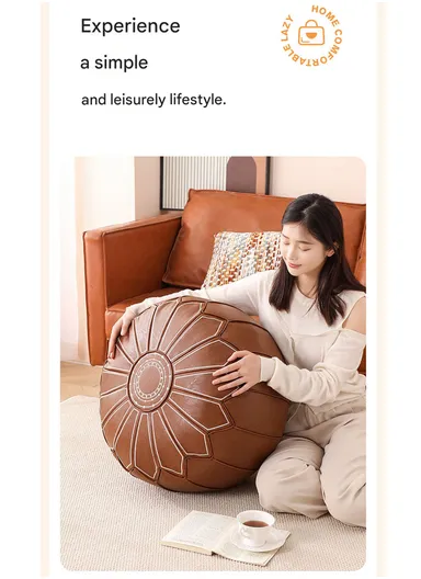 Round PU Leather Floor Cushion with Embroidered Top &amp; EPP Filling (D53 × H30)cm - Dark Green