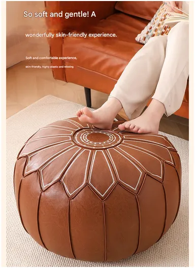 Round PU Leather Floor Cushion with Embroidered Top &amp; EPP Filling (D53 × H30)cm - Dark Green