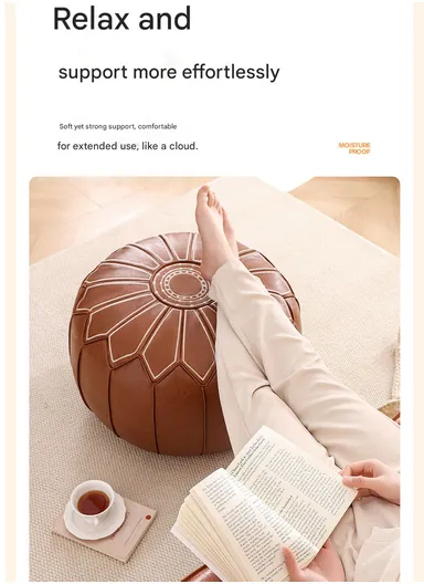 Round PU Leather Floor Cushion with Embroidered Top &amp; EPP Filling (D53 × H30)cm - Dark Green