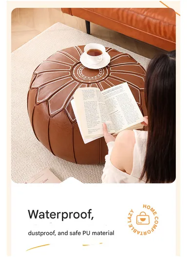 Round PU Leather Floor Cushion with Embroidered Top &amp; EPP Filling (D53 × H30)cm - Dark Green