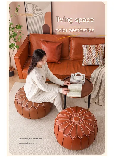 Round PU Leather Floor Cushion with Embroidered Top &amp; EPP Filling (D53 × H30)cm - Dark Green