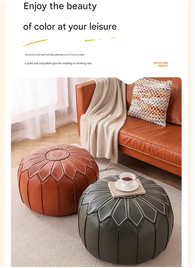 Round PU Leather Floor Cushion with Embroidered Top &amp; EPP Filling (D53 × H30)cm - Dark Green