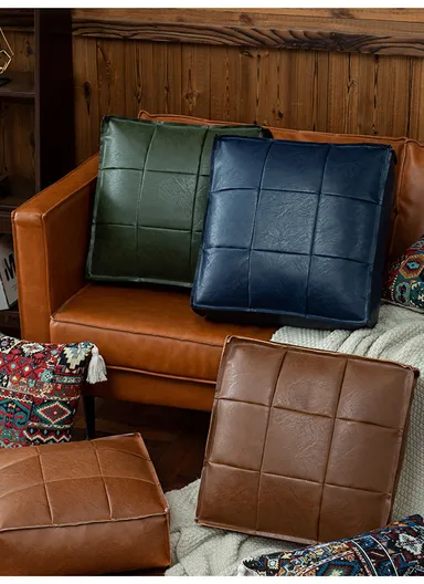 PU Leather Square Floor Cushion with EPP Filling, Waterproof &amp; Comfortable Seating Pouf (L45 × W45 × H15)cm - Beige 