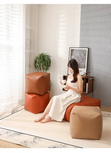 Comfy Square PU Leather Floor Cushion with EPP Filling, Waterproof &amp; Durable Seating Pouf (L40 × W40 × H40)cm – Beige