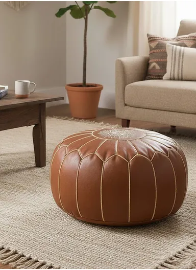 Round PU Leather Floor Cushion with Full Embroidered Design &amp; Carry Handle (D50 × H25)cm - Brown