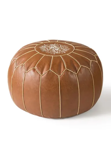 Round PU Leather Floor Cushion with Full Embroidered Design &amp; Carry Handle (D50 × H25)cm - Brown