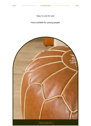Round PU Leather Floor Cushion with Full Embroidered Design &amp; Carry Handle (D50 × H25)cm - Brown