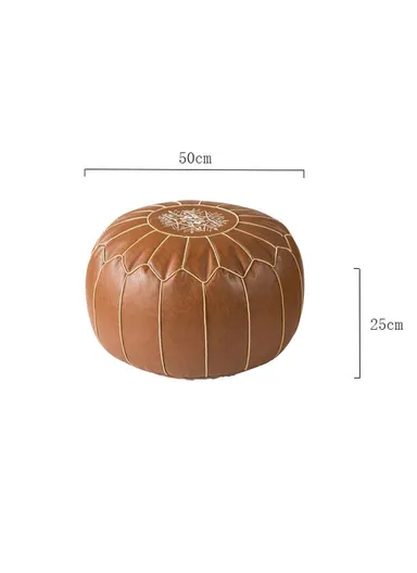 Round PU Leather Floor Cushion with Full Embroidered Design &amp; Carry Handle (D50 × H25)cm - Brown