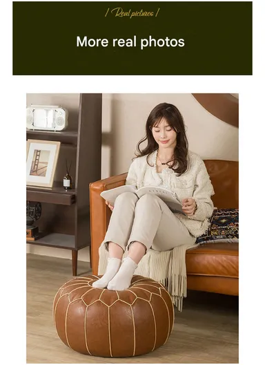Round PU Leather Floor Cushion with Full Embroidered Design &amp; Carry Handle (D50 × H25)cm - Brown