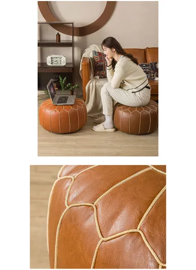 Round PU Leather Floor Cushion with Full Embroidered Design &amp; Carry Handle (D50 × H25)cm - Brown
